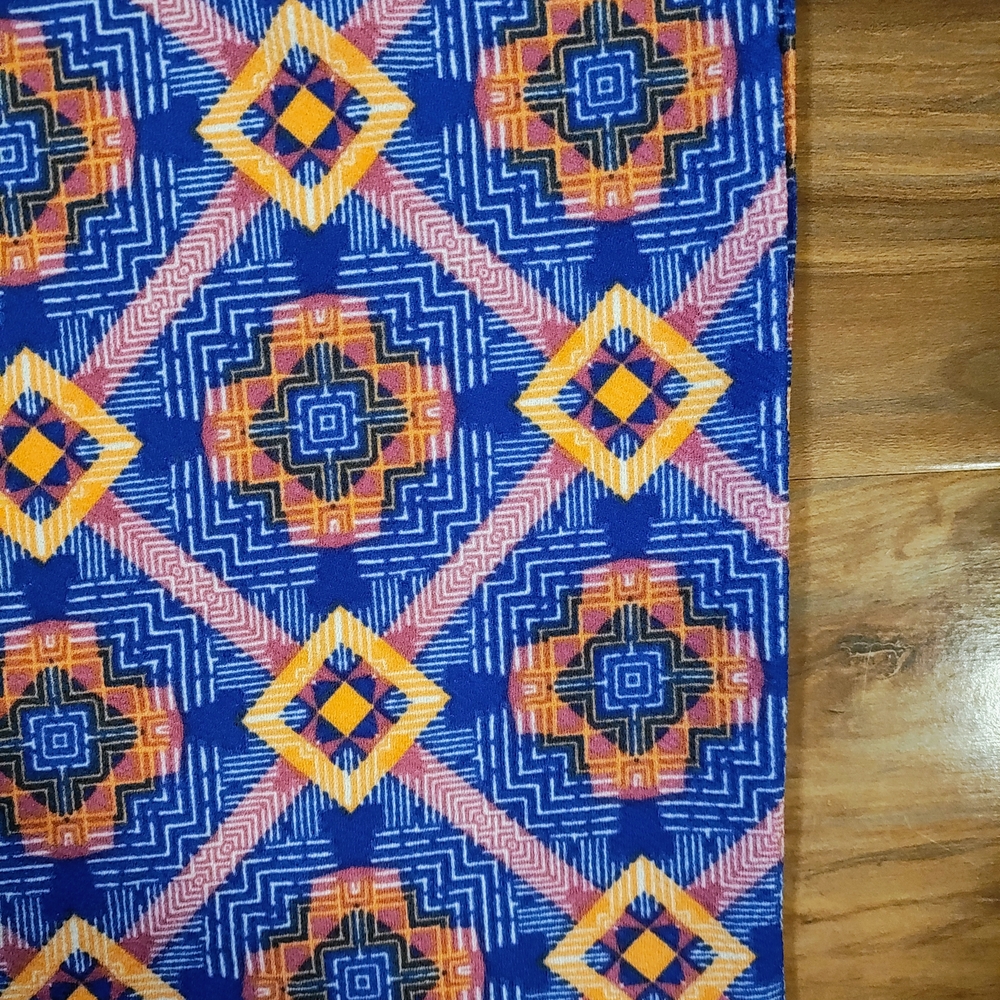 LuLaRoe L Cassie Pencil Skirt Blue Orange Geometric Pattern - Picture 2 of 5